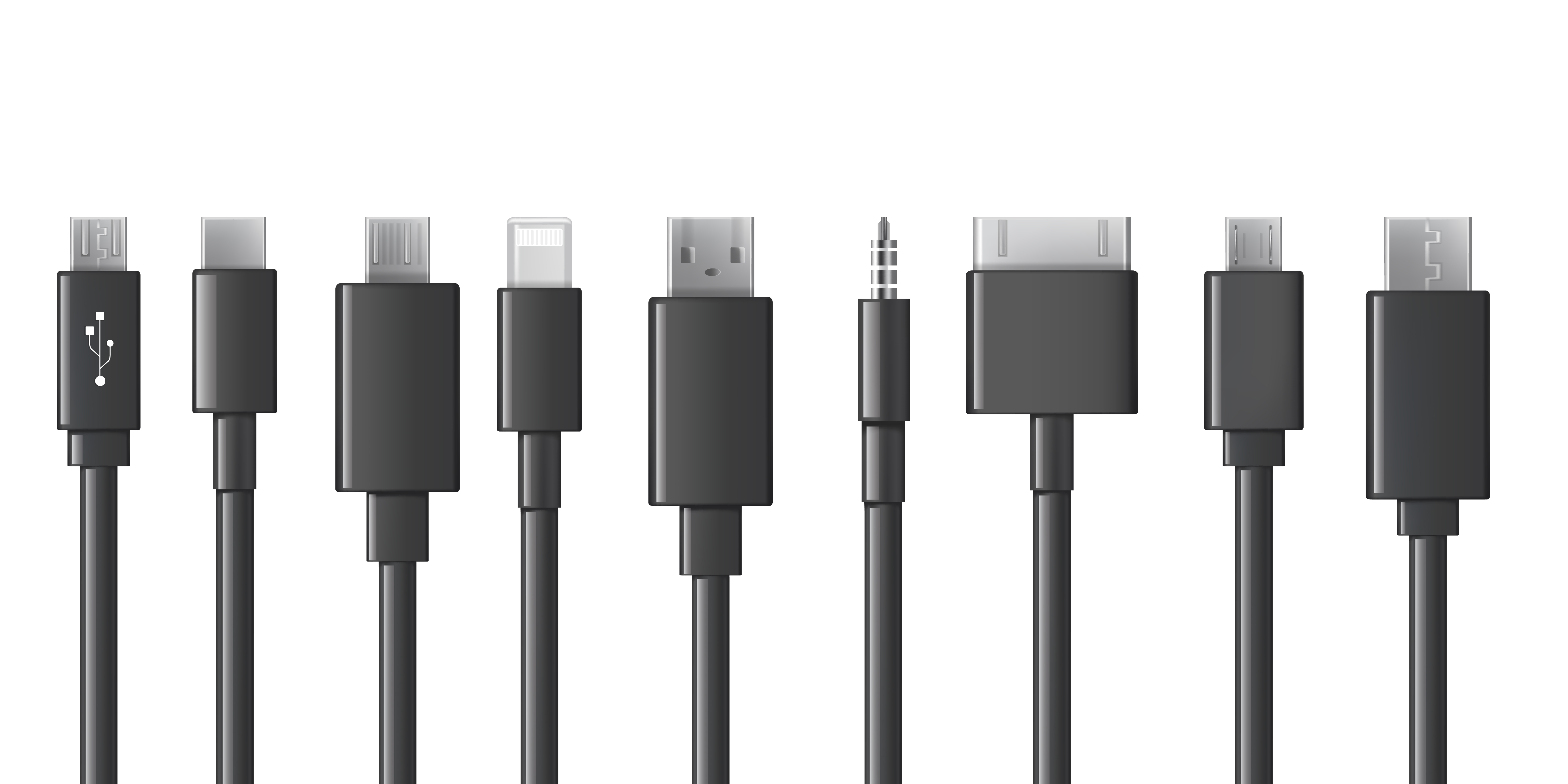 Σετ θυρών καλωδίων, φορτιστών, καλωδίων usb, βυσμάτων και υποδοχών.Τύποι καλωδίων κινητού τηλεφώνου, συλλογή μαύρων καλωδίων σύνδεσης smartphone σε άσπρο φόντο.