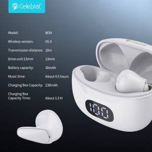 Celebrat W34 In-ear Mini TWS Earphones With Built-In ENC Algorithm Noise Reduction