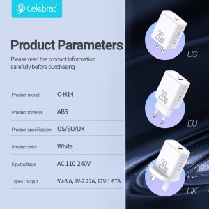 Celebrat C-H14 Portable Fast Charging, Muaj Kev Nyab Xeeb thiab Ua Tau Zoo Tshiab Charger haum rau EU