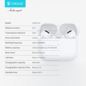 Celebrat C300Pro V5.3 TWS Wireless Earphones, tus khub zoo meej rau suab paj nruag thiab hu.