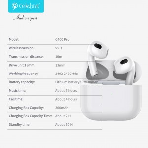 Celebrat C400Pro TWS Wireless Earphones ជាមួយនឹងការរចនាស្រាល និងគុណភាពសំឡេងខ្លាំង
