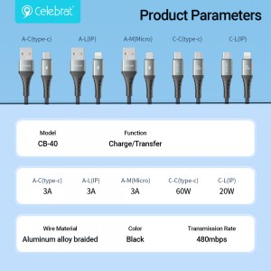 Celebrat CB-40 Aluminom Alloy siri ike braided, Ultra-Fast Charging & Data Transmission Cable