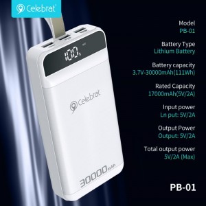 Celebrat PB-01 Nnukwu Ike Ike Bank , 30000mAh batrị ngwugwu na USB-C/Lightning/Micro (Input) na High-Speed PowerIQ Nchaji Technology maka iPhone, Samsung Galaxy, na ndị ọzọ.