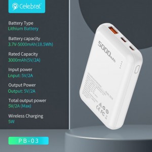 Celebrat PB-03 Portable Power Bank, 5000mAh Battery Pack nrog Wireless + Wired