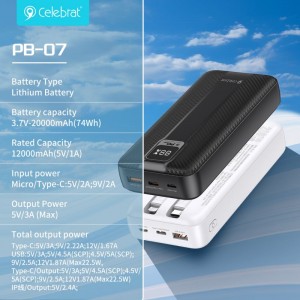 Celebrat PB-07 Polymer lithium battery fast charging power bank,Equipped with IOS/TYPE-C data cable