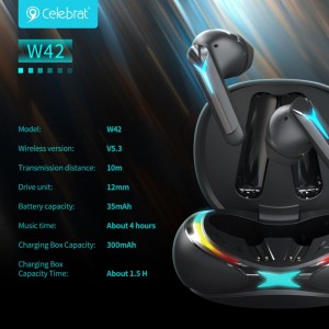 Celebrat W42 Game Style Wireless Earphones Tshwj xeeb tsim rau cov neeg nyiam ua si