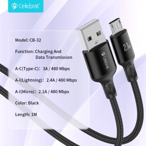 Celebrat CB-32 Nylon Braided Wire Mesh Fast charging Data Transmisson Cable For IOS 2.4A