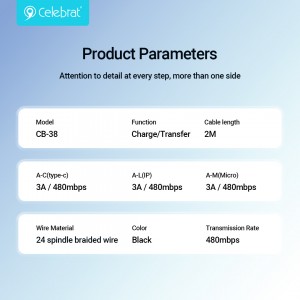 Celebrat CB-38 2-meter Long Charging&Transfer Cable For Type-C