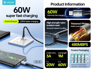 Celebrat CB-40 Strong Aluminum Alloy Braided, Ultra-Fast Charging & Data Transmission Cable