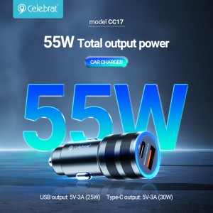 New Arrival Celebrat CC-17 Car Charger with 1 USB port and 1 Type-C port