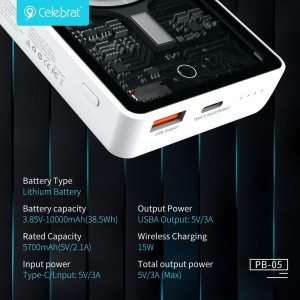 Celebrat PB-05 Power Bank with 10000mAh Lithium Battery, Type-C Input/Output, Wireless Charging, LED Display