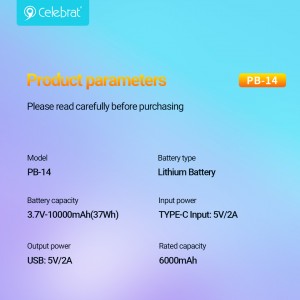Celebrat New Arrival PB-14 10000mAh Capacity Power Bank, With Type-C and Lightning Cables