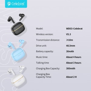 Celebrat New Arrival WD03 TWS Earbuds with Product Patents, Provide Powerful Power and Sound Penetration